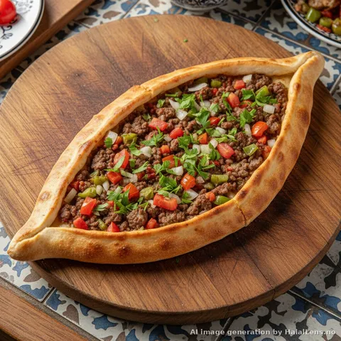 Turkish pide boat-shaped flatbread with meat filling