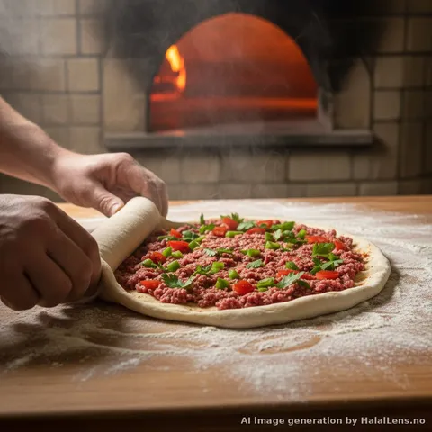 Hands shaping pide dough into a boat shape on a floured wooden surface, with spiced ground beef filling being spread in the centre, a stone oven glowing in the background