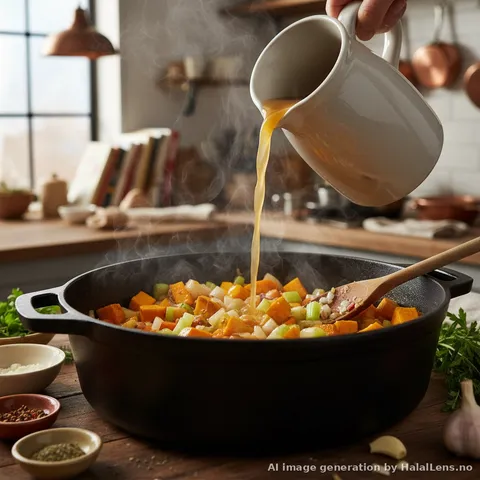 Pumpkin soup simmering with vegetables in a Dutch oven