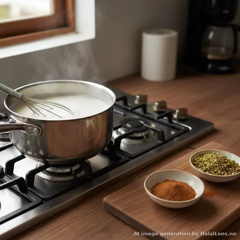 Whisking thick sahlab milk in a saucepan with cinnamon and nuts nearby