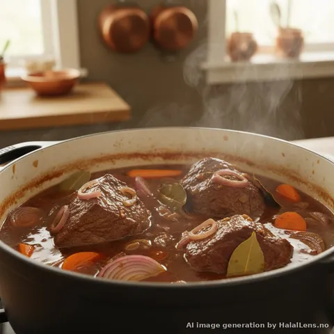 Sauerbraten braising in a pot with onions and spices