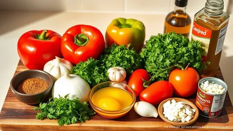 Shakshuka ingredients arranged on a wooden board — ripe tomatoes, bell peppers, onion, garlic, eggs, cumin, paprika, cilantro, parsley, olive oil, and crumbled feta cheese