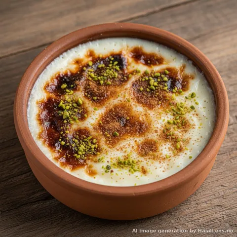 Fırın sütlaç yang disajikan dalam periuk tanah liat dengan permukaan karamel keemasan, ditaburi dengan kayu manis dan pistachio yang dihancurkan