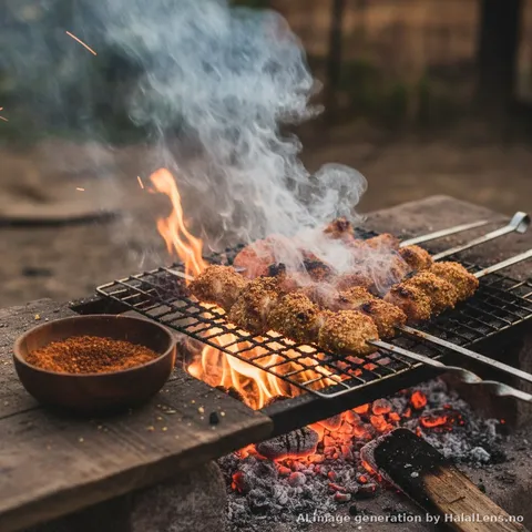 Memanggang pencucuk suya di atas arang, kepingan ayam berbumbu pada pencucuk logam dengan kerak kacang tanah yang hangus, serbuk rempah yaji dalam mangkuk berdekatan, sudut sisi dengan asap dan nyalaan