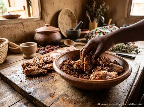 Chicken wings being coated with yaji suya spice blend preparation step