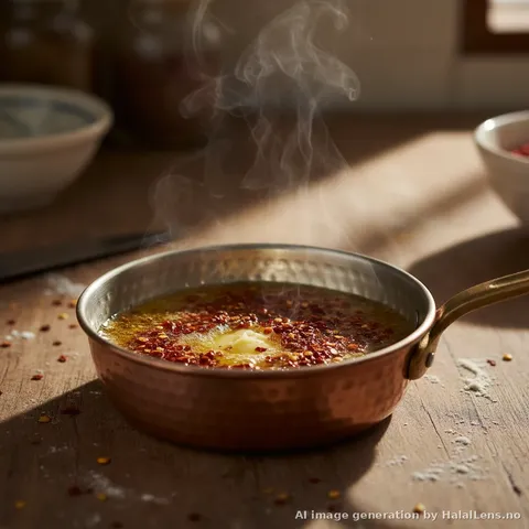 Making Aleppo pepper chili butter for cilbir — melting butter with red pepper flakes in a small pan